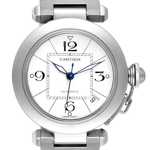 This image shows a front view of the Cartier Pasha W31074M7 Men's Stainless Steel White Dial W31074M7 Men's Stainless Steel White Dial model watch, highlighting the dial, hands, bezel, and crown.