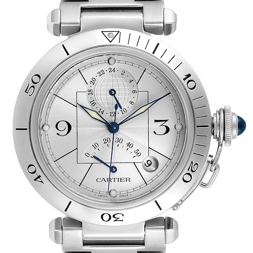 This image shows a close-up front view of the dial and bezel of a Cartier Pasha W31037H3 Men's Stainless Steel Silver Dial W31037H3 Men's Stainless Steel Silver Dial watch.