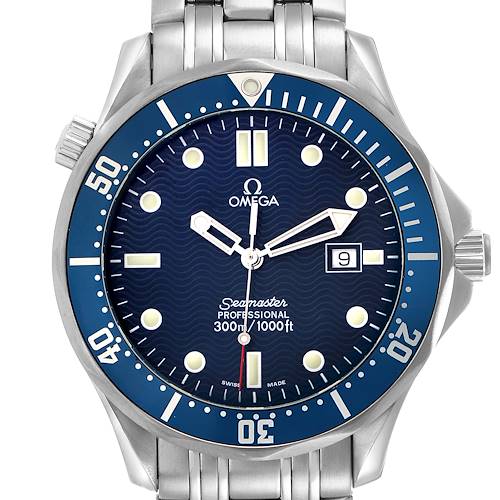 The Omega Seamaster 2541.80.00 Men's Stainless Steel Blue Dial 2541.80.00 Men's Stainless Steel Blue Dial watch is shown from the front at a slight angle, highlighting the dial, bezel, and bracelet.