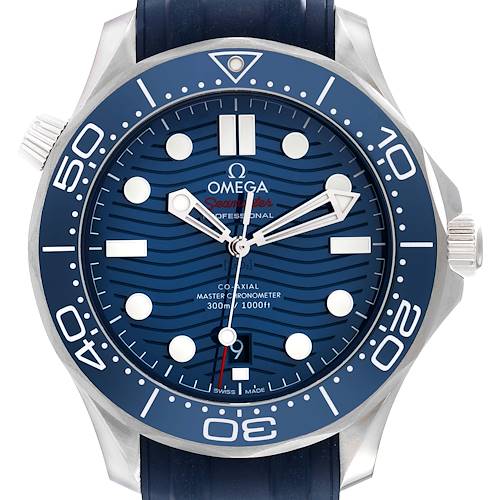 The image shows a front view of an Omega Seamaster 210.32.42.20.03.001 Men's Stainless Steel Blue Dial 210.32.42.20.03.001 Men's Stainless Steel Blue Dial watch, featuring a blue dial, bezel, and rubber strap.