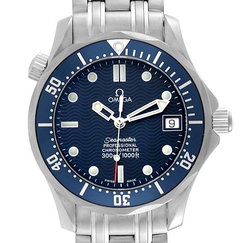 The image shows a front view of an Omega Seamaster 2551.80.00 Men's Stainless Steel Blue Dial 2551.80.00 Men's Stainless Steel Blue Dial watch, highlighting its blue dial, stainless steel case, and metal bracelet.