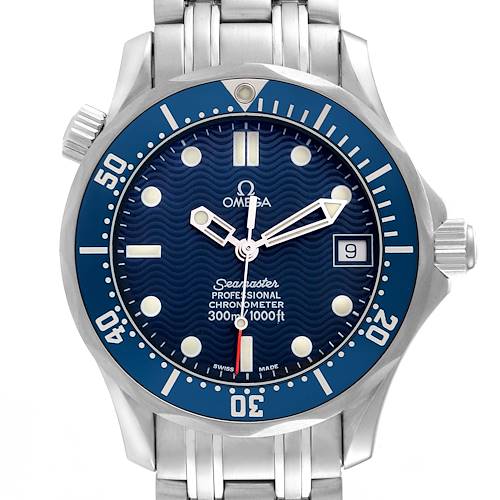 This is a front view of an Omega Seamaster 2551.80.00 Men's Stainless Steel Blue Dial 2551.80.00 Men's Stainless Steel Blue Dial watch, showing the dial, bezel, hands, date window, and part of the metal bracelet.