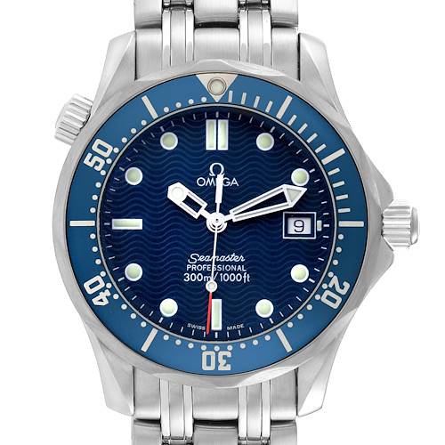 The image shows a front angle of the Omega Seamaster 2561.80.00 Men's Stainless Steel Blue Dial 2561.80.00 Men's Stainless Steel Blue Dial watch, featuring its face, bezel, crown, and part of the bracelet.