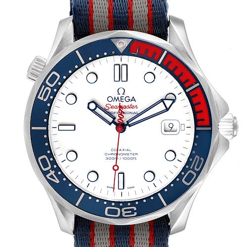 The image shows a front view of an Omega Seamaster 212.32.41.20.04.001 Men's Stainless Steel White Dial 212.32.41.20.04.001 Men's Stainless Steel White Dial watch, highlighting its white dial, blue and red bezel, and striped NATO strap.