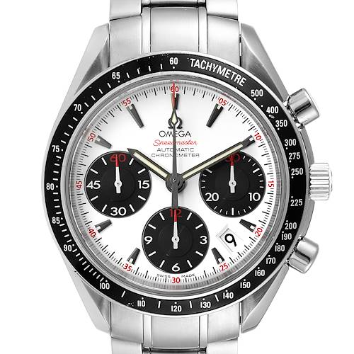This image shows a close-up view of the Omega Speedmaster 323.30.40.40.04.001 Men's Stainless Steel White Dial 323.30.40.40.04.001 Men's Stainless Steel White Dial watch face, featuring its chronograph subdials and tachymetre bezel.