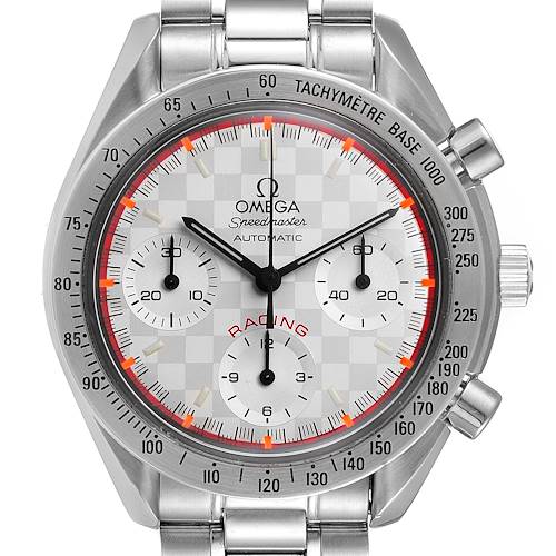 The image shows a close-up view of an Omega Speedmaster 3517.30.00 Men's Stainless Steel Silver Dial 3517.30.00 Men's Stainless Steel Silver Dial Racing Automatic watch, highlighting the dial and tachymeter bezel.