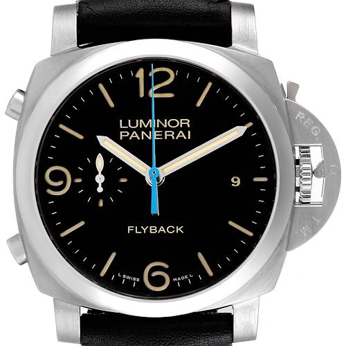 The Panerai Luminor PAM00524 Men's Stainless Steel Black Dial PAM00524 Men's Stainless Steel Black Dial model is shown from the front, displaying the dial, crown guard, and strap lugs.