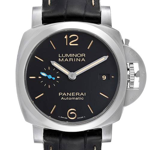 The image shows a front view of the Panerai Luminor PAM01392 Men's Stainless Steel Black Dial PAM01392 Men's Stainless Steel Black Dial Marina watch, highlighting its black dial, case, and crown protector.