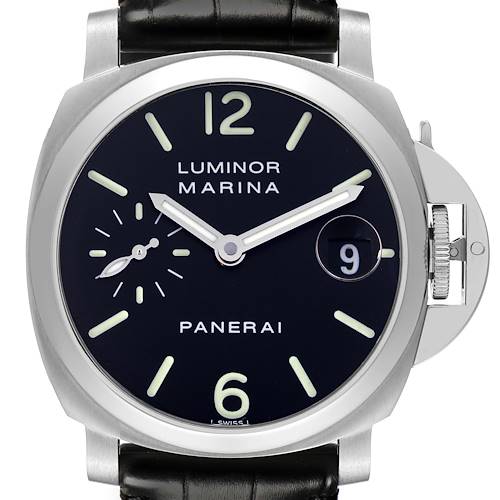The image shows a frontal view of the Panerai Luminor PAM00048 Men's Stainless Steel Black Dial PAM00048 Men's Stainless Steel Black Dial Marina watch, highlighting its dial, case, and crown guard.