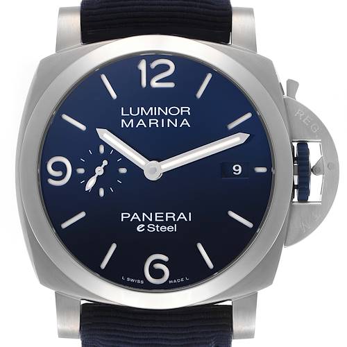 The Panerai Luminor PAM01157 Men's Stainless Steel Blue Dial PAM01157 Men's Stainless Steel Blue Dial watch is shown from the front, displaying its blue dial, numeral markers, small seconds, and date window.
