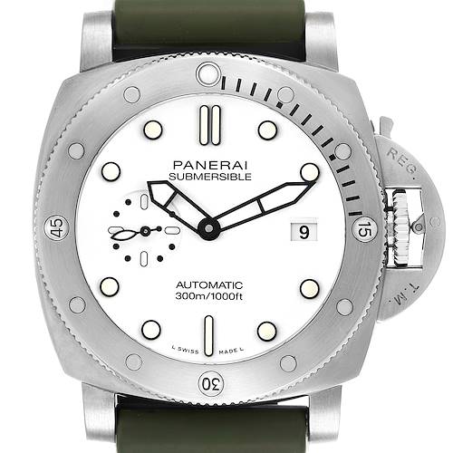 The image shows a frontal view of the Panerai Submersible PAM01226 Men's Stainless Steel White Dial PAM01226 Men's Stainless Steel White Dial watch, highlighting the dial, bezel, crown guard, and strap.