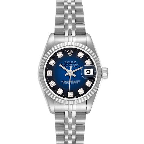 The Rolex Datejust 69174 Women's Stainless Steel Blue Dial 69174 Women's Stainless Steel Blue Dial watch is shown from the front, highlighting the dial, bezel, crown, and part of the bracelet.