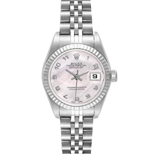 The Rolex Datejust 79174 Women's Stainless Steel Mother of Pearl Dial 79174 Women's Stainless Steel Mother of Pearl Dial watch is shown from a front view, highlighting the case, dial, and bracelet.