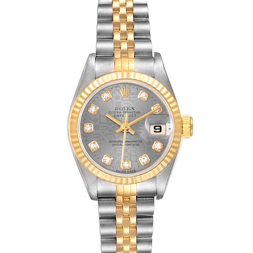 The image shows a front view of a Rolex Datejust 69173 Women's Stainless Steel Grey Dial 69173 Women's Stainless Steel Grey Dial watch, highlighting its silver and gold bracelet, fluted bezel, and diamond markers.