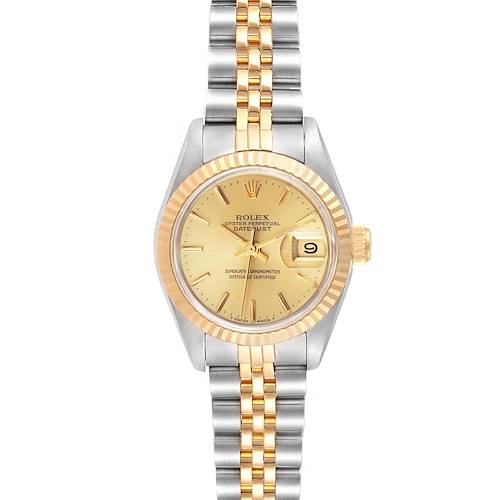 This is a front view of the Rolex Datejust 69173  Women's Steel and Gold (two tone) Champagne Dial 69173  Women's Steel and Gold (two tone) Champagne Dial watch, showing its dial, fluted bezel, and two-tone bracelet.