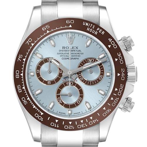 The image shows a frontal view of a Rolex Daytona 116506 Men's Platinum Blue Dial 116506 Men's Platinum Blue Dial watch, highlighting the dial and bezel.