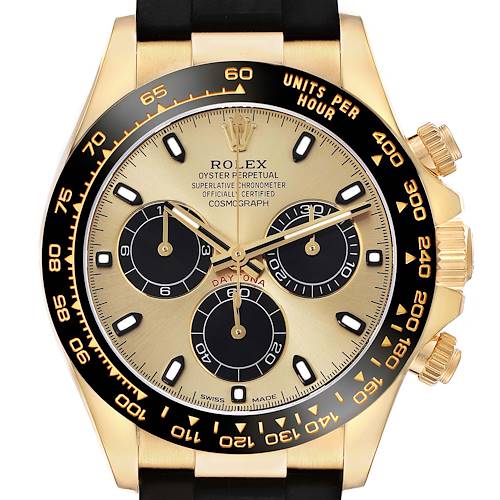The Rolex Daytona 116518 Men's Yellow Gold Champagne Dial 116518 Men's Yellow Gold Champagne Dial watch is shown from the front, displaying the dial, bezel, and part of the band.