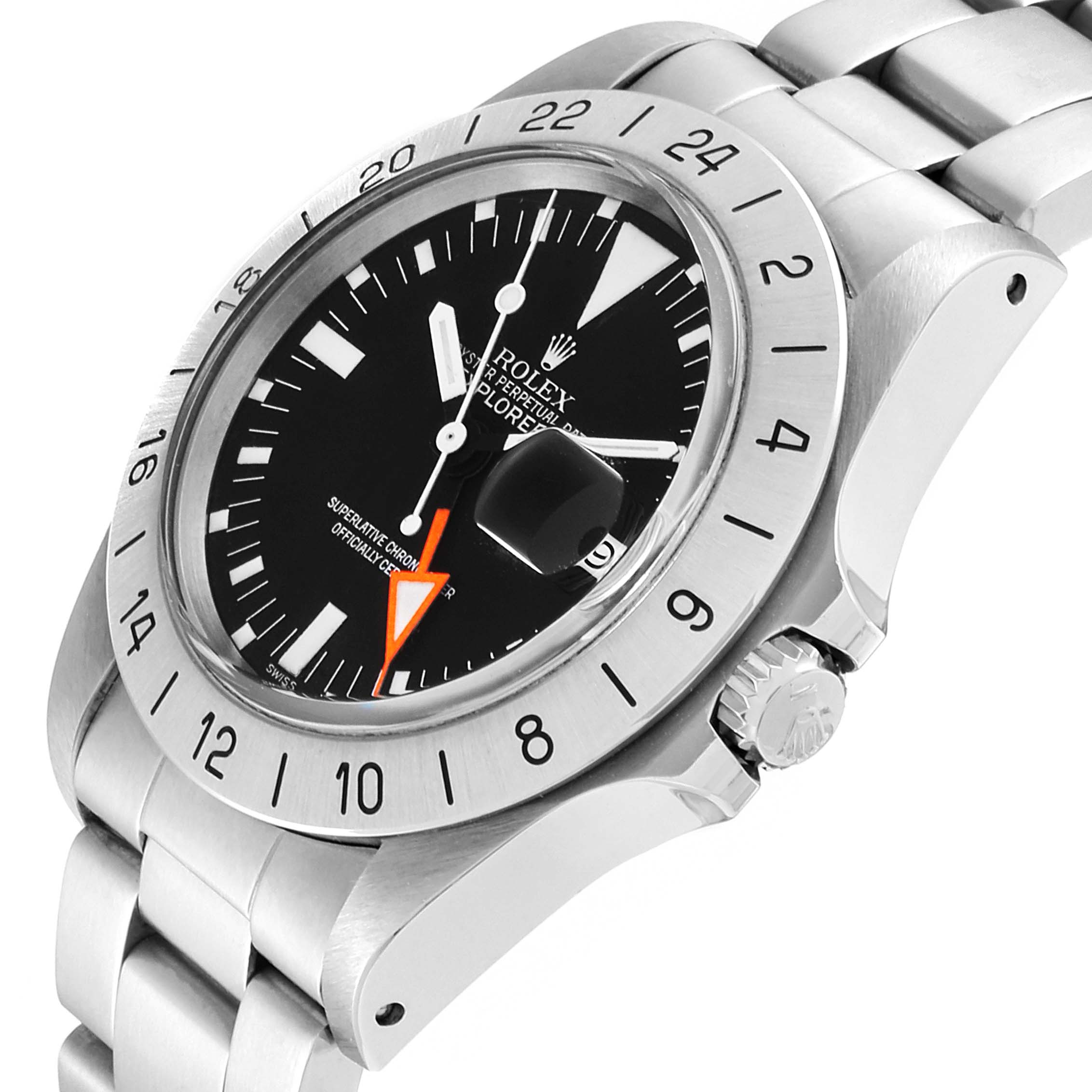 The image shows a side and partial top view of a Rolex Explorer 1655 Men's Stainless Steel Black Dial 1655 Men's Stainless Steel Black Dial model watch, highlighting its bezel, crown, and bracelet.