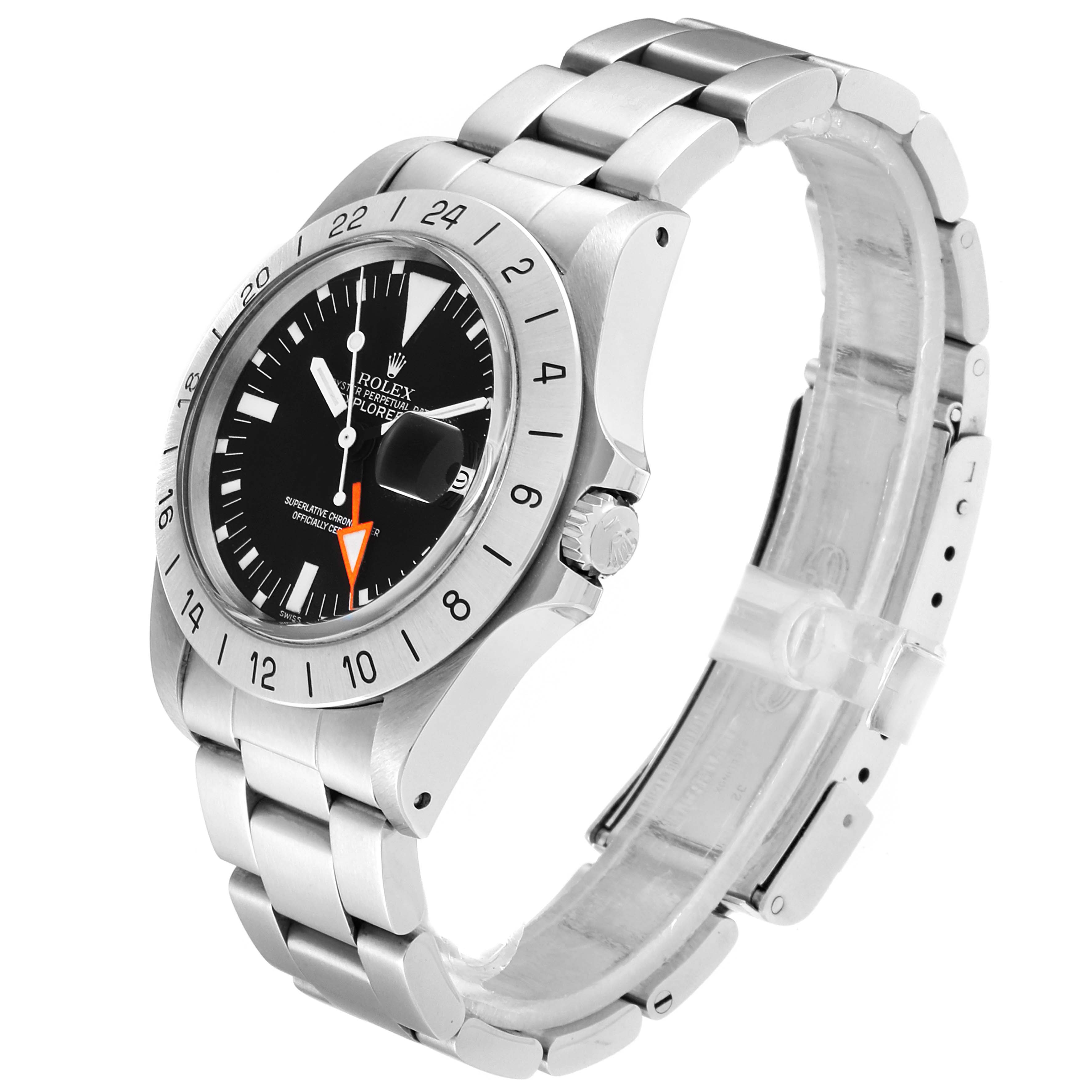 The Rolex Explorer 1655 Men's Stainless Steel Black Dial 1655 Men's Stainless Steel Black Dial watch is shown at an angle highlighting the face, bezel, crown, and bracelet.