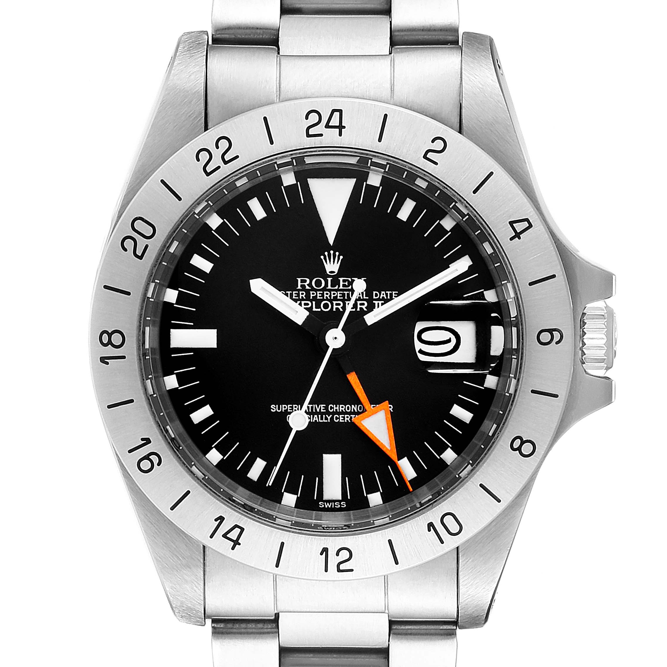 This image shows a front view of the Rolex Explorer 1655 Men's Stainless Steel Black Dial 1655 Men's Stainless Steel Black Dial watch, showcasing its face, bezel, hands, and bracelet.