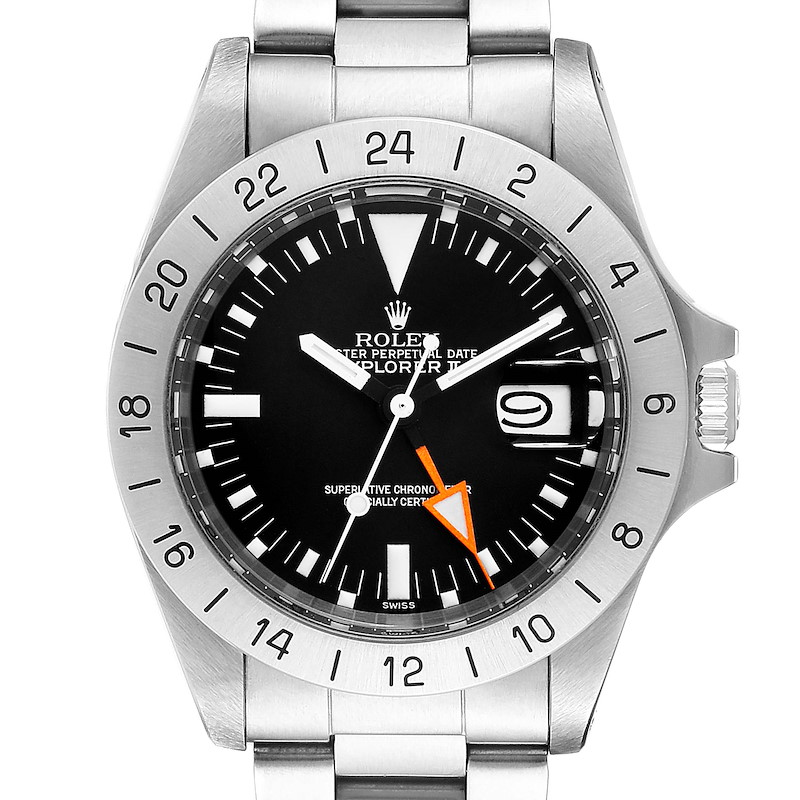 This image shows a front view of the Rolex Explorer 1655 Men's Stainless Steel Black Dial 1655 Men's Stainless Steel Black Dial watch, showcasing its face, bezel, hands, and bracelet.