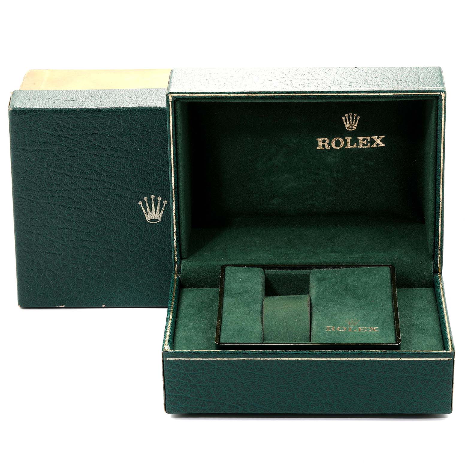 The image shows an open green Rolex Explorer 1655 Men's Stainless Steel Black Dial 1655 Men's Stainless Steel Black Dial watch box, displaying its velvet interior and compartments.