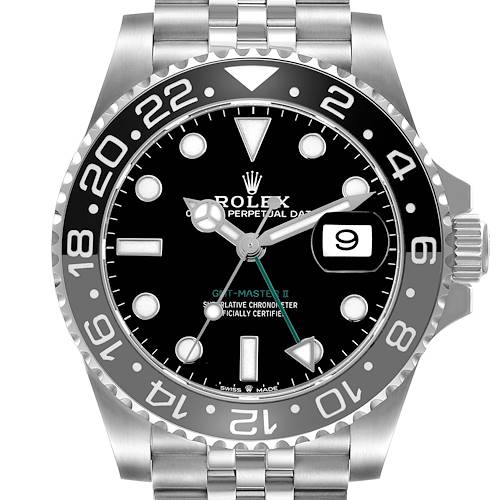 The Rolex GMT-Master 126710 Men's Stainless Steel Black Dial 126710 Men's Stainless Steel Black Dial II watch is shown from a frontal view, highlighting the bezel, dial, and bracelet.