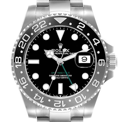 The Rolex GMT-Master 126710 Men's Stainless Steel Black Dial 126710 Men's Stainless Steel Black Dial watch is shown from the front, displaying the dial, bezel, and part of the bracelet.