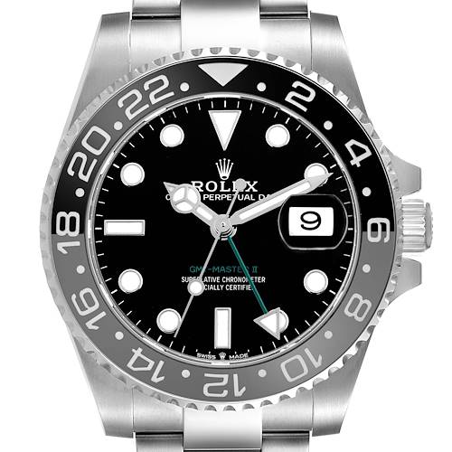 The Rolex GMT-Master 126710 Men's Stainless Steel Black Dial 126710 Men's Stainless Steel Black Dial model is shown from the front, highlighting its bezel, dial, crown, and bracelet parts.