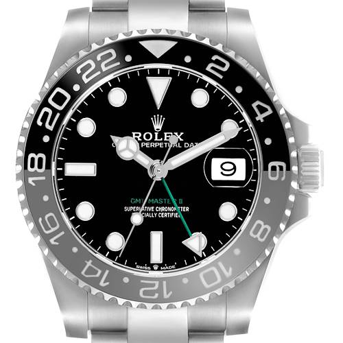 The Rolex GMT-Master 126710 Men's Stainless Steel Black Dial 126710 Men's Stainless Steel Black Dial watch is shown from the front, displaying its dial, hour markers, hands, bezel, bracelet, and date window.
