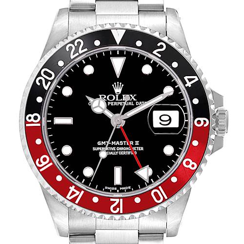 The image shows a front view of the Rolex GMT-Master 16710 Men's Stainless Steel Black Dial 16710 Men's Stainless Steel Black Dial II watch, highlighting its bezel, dial, and date window.