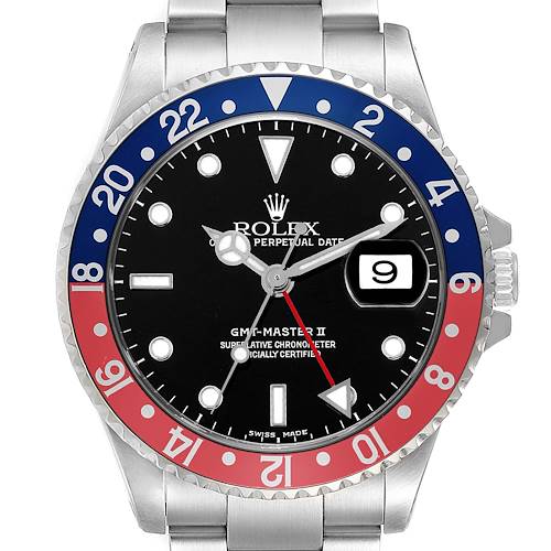 The Rolex GMT-Master 16710 Men's Stainless Steel Black Dial 16710 Men's Stainless Steel Black Dial II watch is shown from the front, highlighting its dial, bezel, and bracelet.
