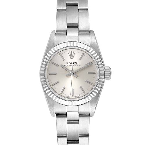 The Rolex Oyster Perpetual 67194 Women's Stainless Steel Silver Dial 67194 Women's Stainless Steel Silver Dial watch is shown from the front, displaying the dial, bezel, crown, and part of the bracelet.
