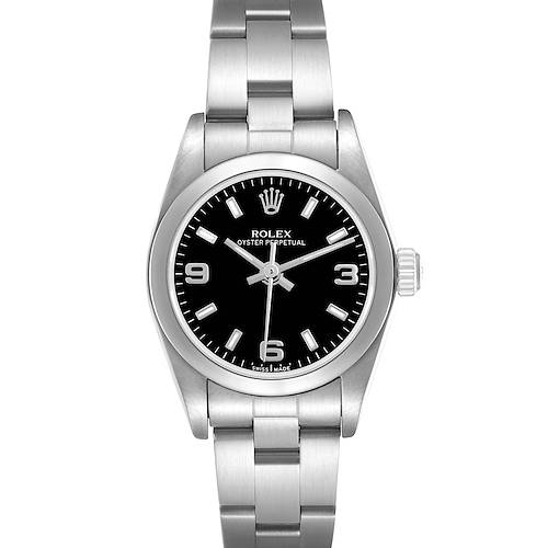 The Rolex Oyster Perpetual 76080 Women's Stainless Steel Black Dial 76080 Women's Stainless Steel Black Dial watch is shown from the front, displaying its dial, bezel, and bracelet.
