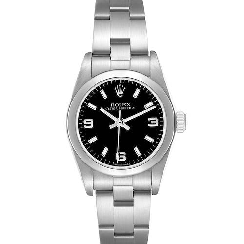 The Rolex Oyster Perpetual 76080 Women's Stainless Steel Black Dial 76080 Women's Stainless Steel Black Dial watch is shown from the front, displaying the dial, bezel, bracelet, and crown.