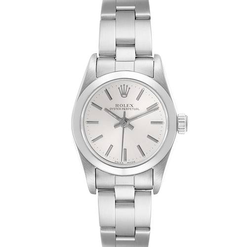 The Rolex Oyster Perpetual 76080 Women's Stainless Steel Silver Dial 76080 Women's Stainless Steel Silver Dial watch is shown from a front angle, displaying its dial, bracelet, and crown.