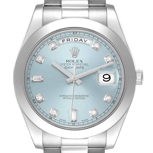 The Rolex President 218206 Men's Platinum Blue Dial 218206 Men's Platinum Blue Dial watch is shown from a front angle, displaying the dial, bezel, case, and part of the bracelet.