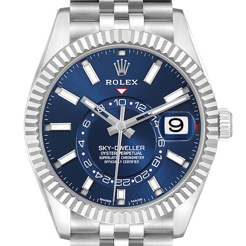 The Rolex Sky-Dweller 326934 Men's Stainless Steel Blue Dial 326934 Men's Stainless Steel Blue Dial watch is shown from a front view, highlighting the blue dial, bezel, and bracelet.