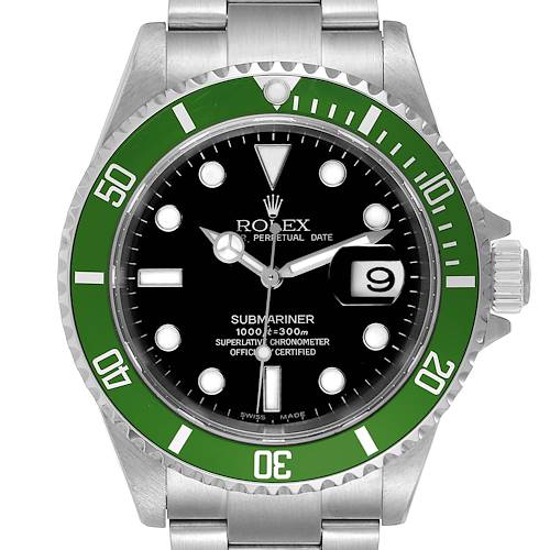 This image shows a front view of a Rolex Submariner 16610LV Men's Stainless Steel Black Dial 16610LV Men's Stainless Steel Black Dial watch, depicting the face, bezel, and part of the bracelet.