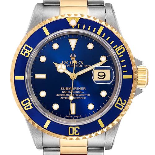 The image shows a front view of a Rolex Submariner 16613 Men's Steel and Gold (two tone) Blue Dial 16613 Men's Steel and Gold (two tone) Blue Dial watch, highlighting the bezel, dial, hands, bracelet, and date window.