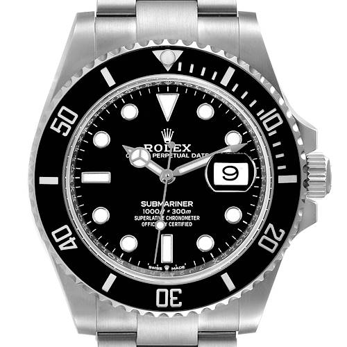 The image shows a frontal view of a Rolex Submariner 126610 Men's Stainless Steel Black Dial 126610 Men's Stainless Steel Black Dial watch, displaying its black dial, bezel, and date window.