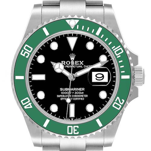 The image shows a front view of the Rolex Submariner 126610LV Men's Stainless Steel Black Dial 126610LV Men's Stainless Steel Black Dial watch, highlighting its dial, bezel, and date window.