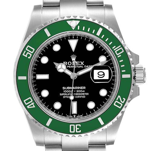 The image shows a front view of the Rolex Submariner 126610LV Men's Stainless Steel Black Dial 126610LV Men's Stainless Steel Black Dial watch, highlighting the green bezel, black dial, and date window.