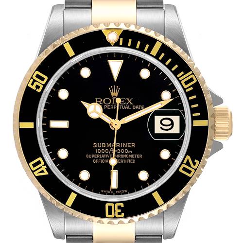 The image shows a frontal view of a two-tone Rolex Submariner 16613 Men's Steel and Gold (two tone) Black Dial 16613 Men's Steel and Gold (two tone) Black Dial watch, highlighting its face, bezel, and bracelet.