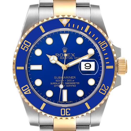 The image shows a front view of a Rolex Submariner 116613 Men's Steel and Gold (two tone) Blue Dial 116613 Men's Steel and Gold (two tone) Blue Dial watch, highlighting the blue dial, date window, and two-tone bezel and bracelet.
