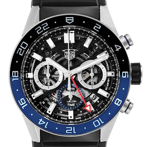 The image shows a frontal view of a Tag Heuer Carrera CBG2A11.FC6460 Men's Stainless Steel Blue Dial CBG2A11.FC6460 Men's Stainless Steel Blue Dial watch, highlighting its dial, subdials, and bezel.