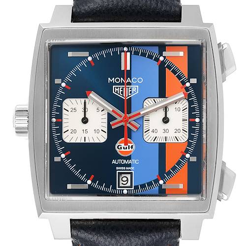 The image shows a front view of the Tag Heuer Monaco CAW211R.FC6401 Men's Stainless Steel Blue Dial CAW211R.FC6401 Men's Stainless Steel Blue Dial watch displaying its square face, subdials, and date window.