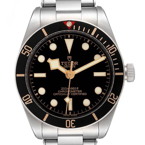 The image shows a front view of the Tudor Heritage Black Bay 79030N Men's Stainless Steel Black Dial 79030N Men's Stainless Steel Black Dial watch, highlighting its black dial, bezel, and stainless steel bracelet.