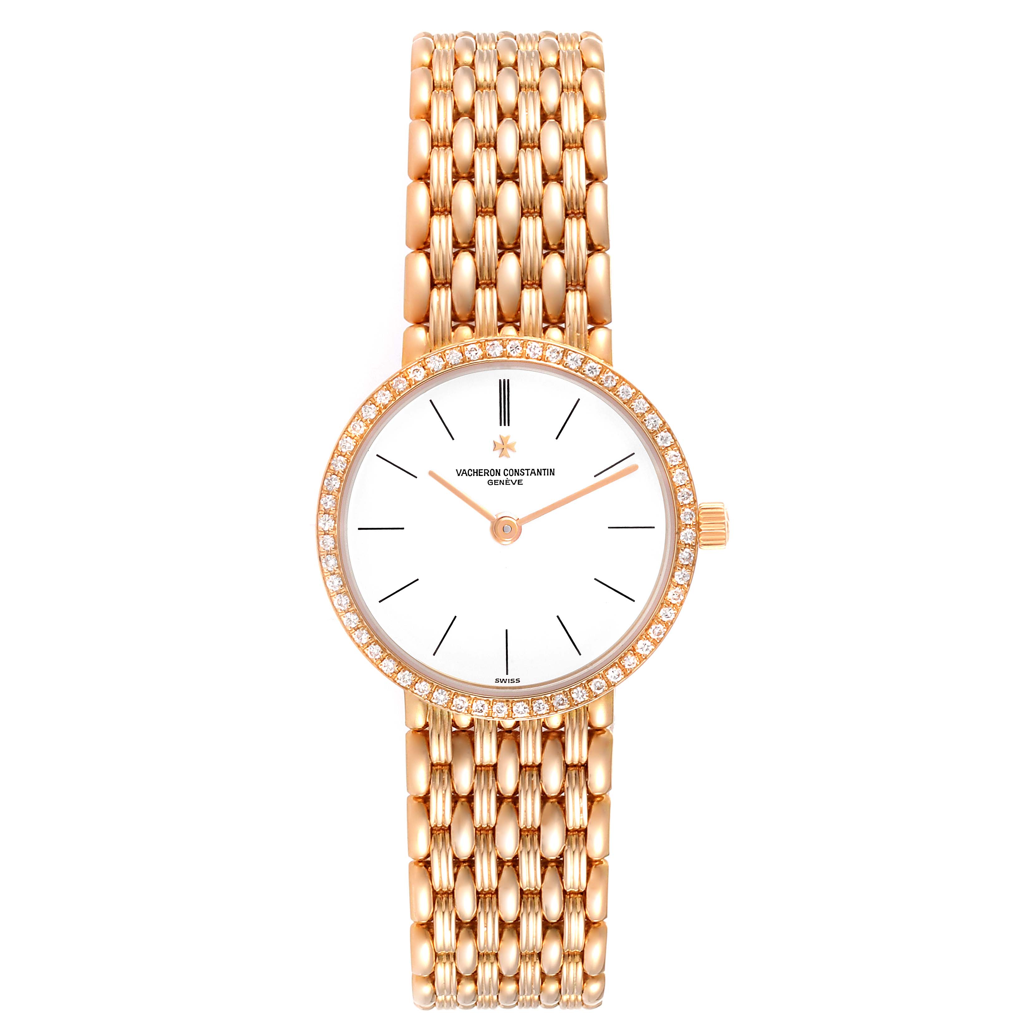 The image shows a front view of the Vacheron Constantin Traditionnelle 27593 Women's Rose Gold White Dial 27593 Women's Rose Gold White Dial watch, featuring a gold bracelet and a diamond-bezel.