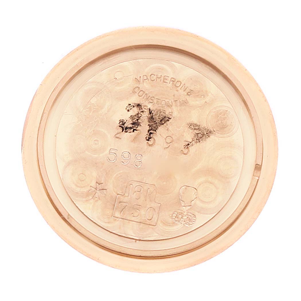 This is the inner view of the case back of a Vacheron Constantin Traditionnelle 27593 Women's Rose Gold White Dial 27593 Women's Rose Gold White Dial watch.